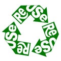 Reuse creative lettering on green recycle arrow sign. ecology label, save the Eart concept. Vector