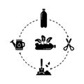 Reuse of plastic bottle as plant pot. Cutout silhouette of circular diagram. Outline round illustration of home planting flower or