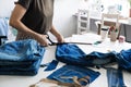 Reuse, repair, upcycle. Sustainable fashion, Circular economy. Denim upcycling ideas, repair and using old jeans. Close