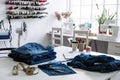 Reuse, repair, upcycle. Sustainable fashion, Circular economy. Denim upcycling ideas, repair and using old jeans. Close Royalty Free Stock Photo