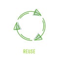 Reuse Sign with Green Rotate Arrows in Linear Style Isolated on White Background. Garbage Recycling and Reusing Icon