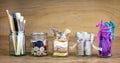 Reused jars for storing crafting materials, recycling at home for sustainable living, save money and zero waste