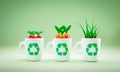 Reused mugs growing seedlings with Recycle symbol.