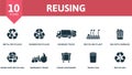 Reusing icons set. Creative icons: metal recycling, rubber recycling, garbage truck, recycling plant, bin with garbage