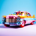 Bright and fun lego toy car with yellow and red block and minifigure driver Royalty Free Stock Photo