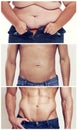 Revealing the ab in flab. Sequence shot of a mans weight loss.