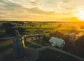 Revealing aerial view traditional lithuanian old wooden XIX century horizontal windmill in open air museum in Siauliai city, Royalty Free Stock Photo