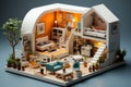 Revealing Miniature Dwelling: 3D Mini House with Open Wall, Exposing Interior Furniture. Generative AI