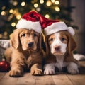 Furry Festivity: Two Puppies with Christmas Hats and Tree Royalty Free Stock Photo