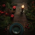 Festive Elegance: Top-View Christmas Table Setting with Wooden Charm