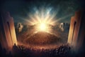 Revelation of Jesus Christ, new testament, religion of christianity, heaven and hell over the crowd of people, Jerusalem