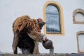 Reveller wearing wooden mask and carnival costume in Switzerland