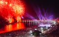 Revellers, both locals and tourist, enjoy the breath-taking New Years fireworks display along Copacabana Beach, Rio de Royalty Free Stock Photo