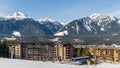 REVELSTOKE, CANADA - MARCH 16, 2021: Panoramic view of Revelstoke Mountain ski resort with mountains in background