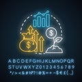 Revenue generation neon light concept icon. Success and income increase idea. Sprout with dollar coin. Financing