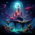 Reverie Reef - Underwater scene with floating islands and flying fish in a futuristic neon art style