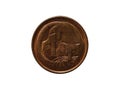 Reverse of Australia coin 1 cent with image of opossum, isolated in white background.