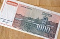 Reverse of 1000 dinars paper banknote issued by Yugoslavia