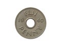 Reverse of Fiji coin 1 penny 1940. Isolated in white background.