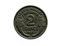 Reverse of France coin 2 francs 1947 with inscription meaning LIBERTY, EQUALITY, FRATERNITY.