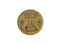 Reverse of Morocco coin 10 francs, 1371 1952. Isolated with white background.