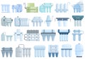 Reverse osmosis system icons set cartoon vector. Aqua filter