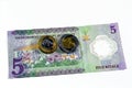 Reverse side of the new polymer 5 SAR five Saudi Arabia riyals cash money banknote bill series 1441 AH features a field of flowers