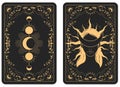 The reverse side of a tarot cards batch, pattern with blindfold witch face and lunar phases, esoteric and mystic symbols, sorcery