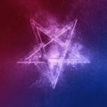Reversed Pentagram symbol Red Blue. Abstract night sky background Royalty Free Stock Photo