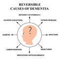 Reversible causes of senile dementia. Alzheimer`s disease. Infographics. Vector illustration on isolated background