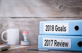 2017 review and 2018 goals. Two binders on desk in the office. Business background Royalty Free Stock Photo
