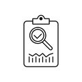 Review icon, thin line loupe with check mark on clipboard. concept of market data statistics research or business forecast.