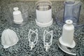 Disassembled multifunctional food processor on kitchen countertops. Smoothie Maker. Electric Kitchen and Household