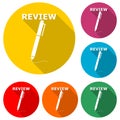 Review logo, Pencil icon, color set with long shadow