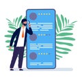 Reviews concept. Man watching online feedback. Mobile review, customer quality form vector illustration Royalty Free Stock Photo