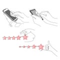 Set of Linear illustrations for Ratings, Reviews, testimonials. Hands show Star Rating. Hands hold a Mobile Phone.