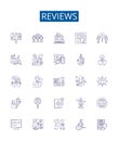 Reviews line icons signs set. Design collection of Reviews, Comment, Feedback, Analysis, Evaluate, Judge, Perception