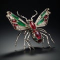 Revived Historic Art Insect Brooch With Red And Green Stones