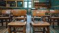 Reviving Education: Vintage Classroom with Empty Chairs and Desks for Back to School in High School Royalty Free Stock Photo