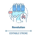 Revolution concept icon. Civil unrest, conflict idea thin line illustration. Revolutionary with flag and riot police