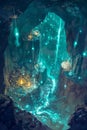 A revolution in a diamond mine, enchanted tools glowing, miners with magic spells, sparkling walls, underground cave, dynamic