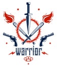 Revolution and War vector emblem with dagger knife and other weapons , tattoo with lots of design elements, riot partisan warrior