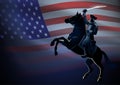 Revolutionary commander figure on horseback with United States of America flag as the background