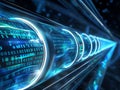 Revolutionary Digital Tunnel: Glowing Cylinders Display Binary Code in Futuristic Blue Hues for an Experience Like Never Before Royalty Free Stock Photo