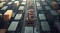 Revolutionary straddle carriers navigating through a maze of containers showcasing their ability to handle heavy loads