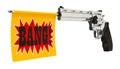 Revolver with a bang flag. 3D rendering