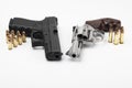 Revolver gun and Semi automatic handgun with bullets on white background Royalty Free Stock Photo