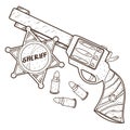 Revolver and a sheriff badge. Wild west outline drawing for coloring Royalty Free Stock Photo