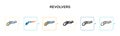 Revolvers vector icon in 6 different modern styles. Black, two colored revolvers icons designed in filled, outline, line and