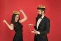 Reward. man in tuxedo and sexy woman. Bearded man and happy woman in crown. royal couple in love. date success. fashion
